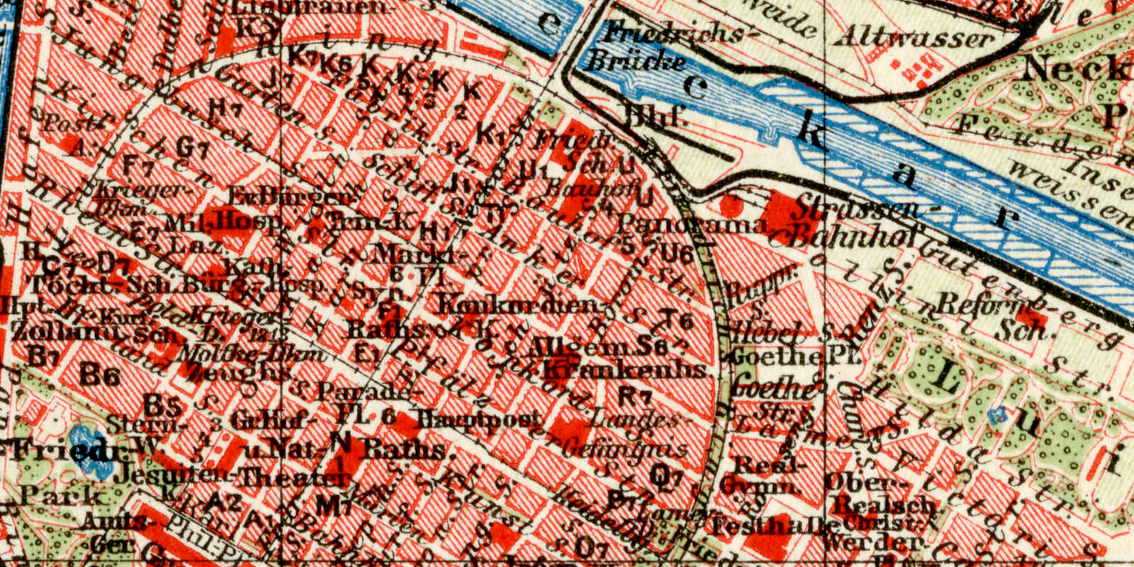 Mannheim historischer Stadtplan Karte Lithographie ca 1907