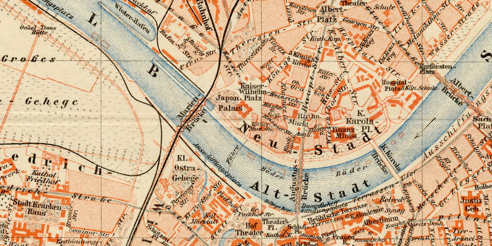 Dresden ca 1893 historischer Stadtplan Lithographie