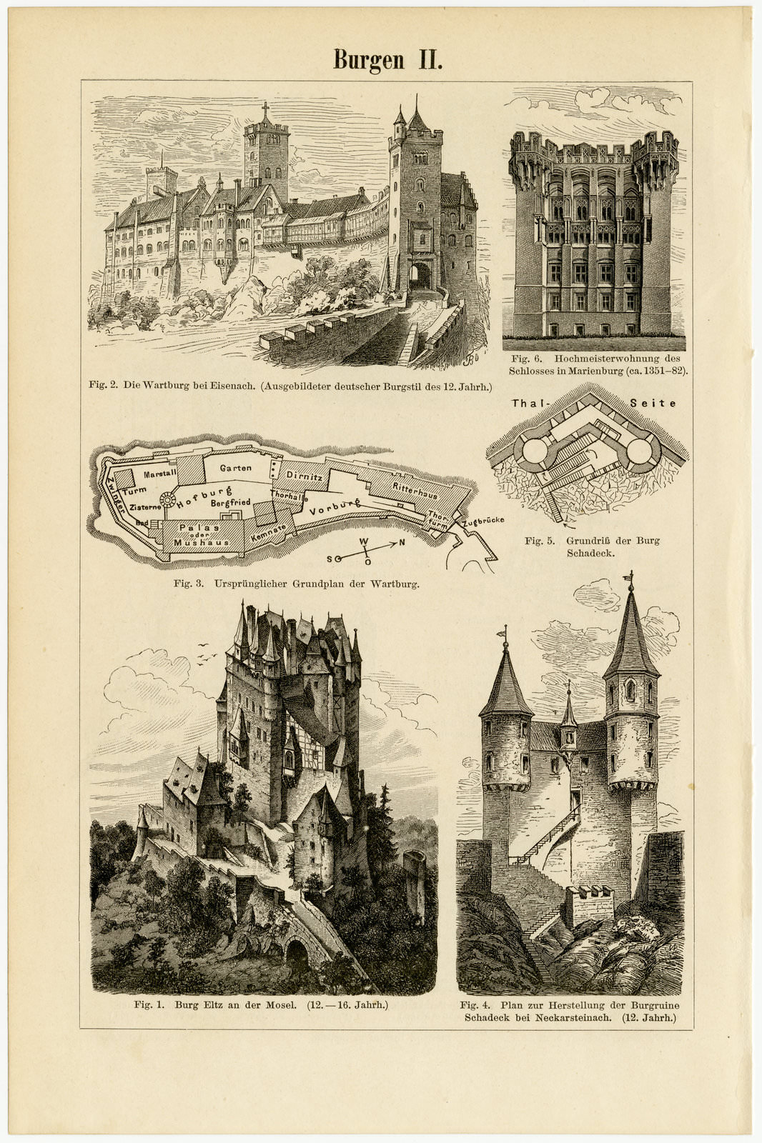 Burgen I - II ca 1893 historische Bildtafel Holzstich