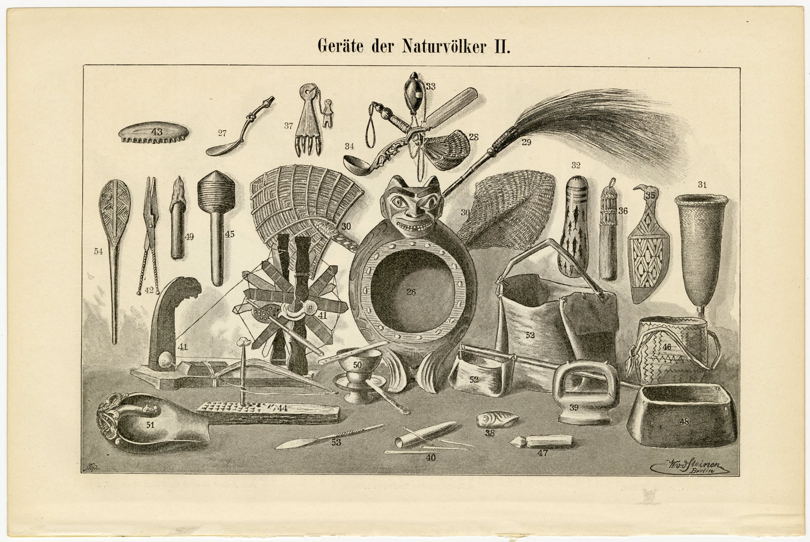 Geräte der Naturvölker I - II ca 1899 historischer Druck Autotypie