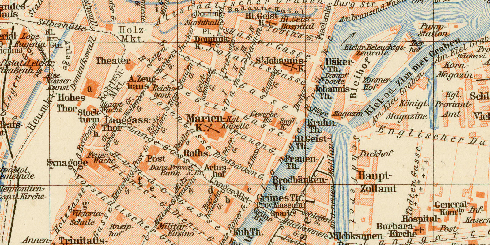 Danzig ca 1899 historischer Stadtplan Lithographie