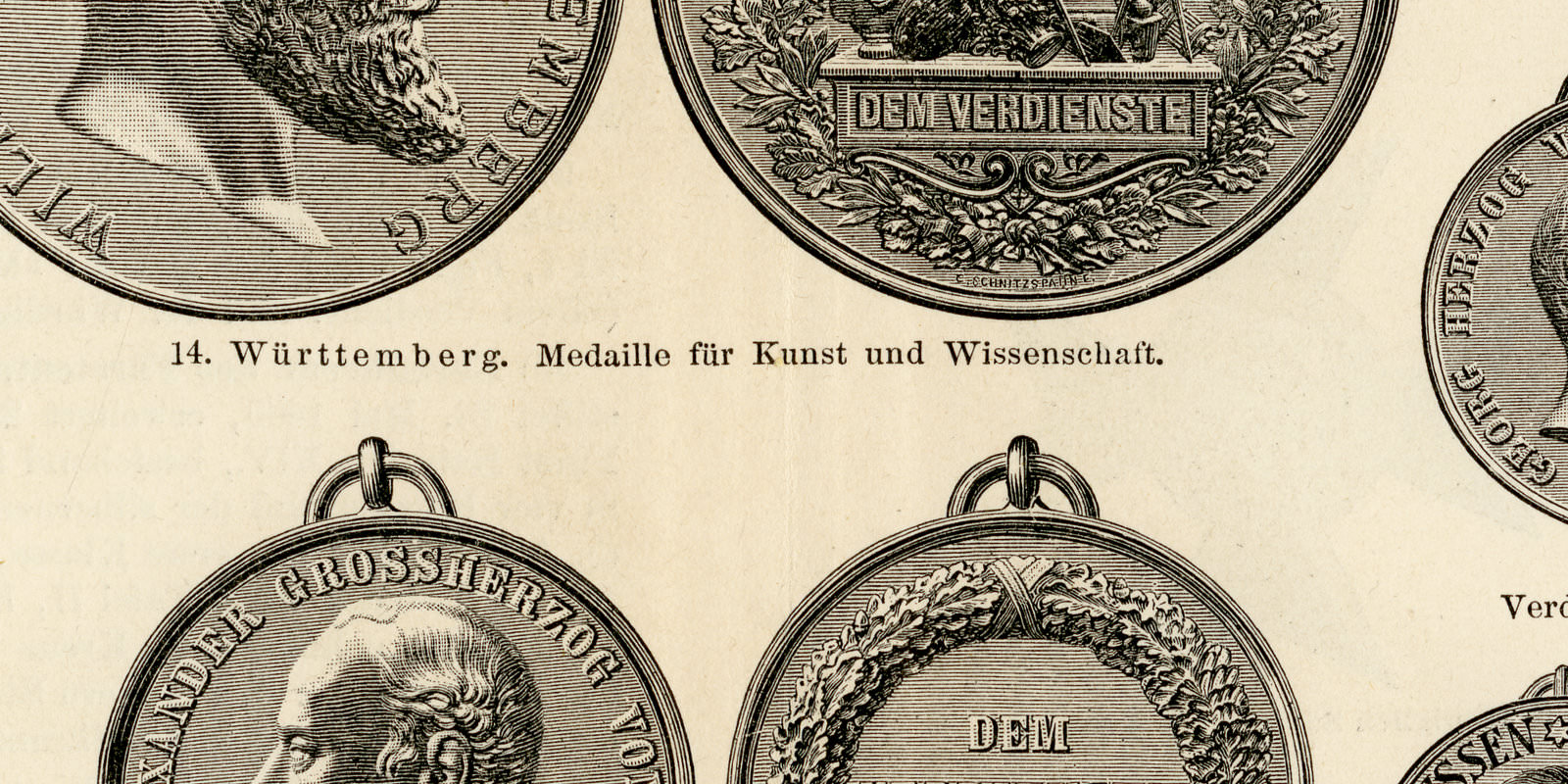 Verdienstmedaillen Verdienstkreuze ca 1897 historische Bildtafel Holzstich