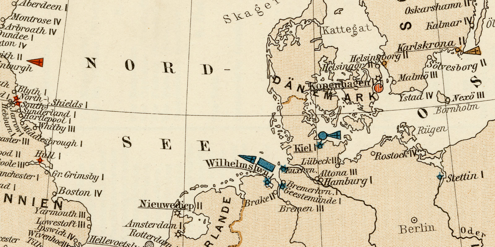Seestreitkräfte der Nord- und Ostsee ca 1901 historische Karte Lithographie