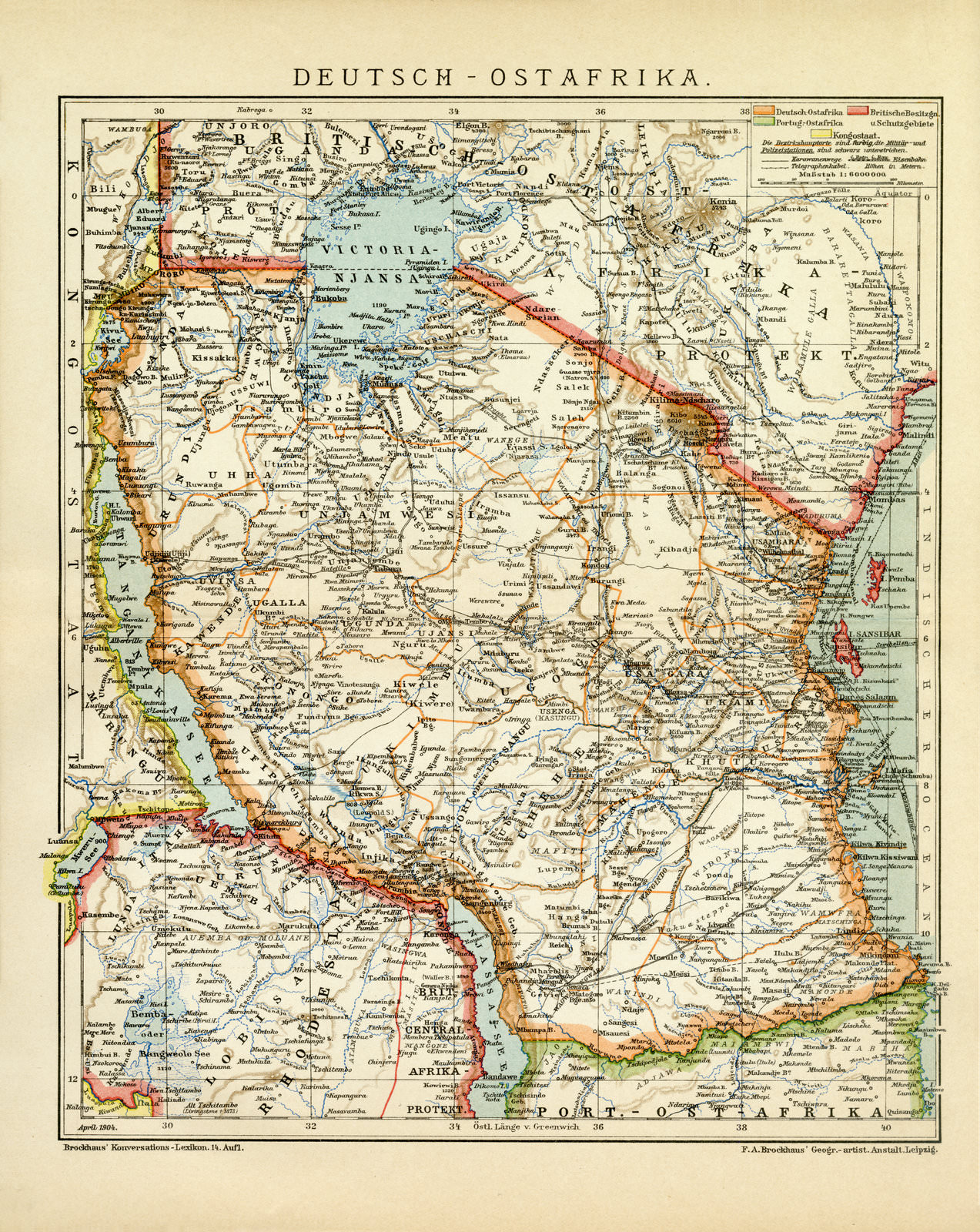 Deutsch - Ostafrika historische Landkarte Lithographie ca 1904