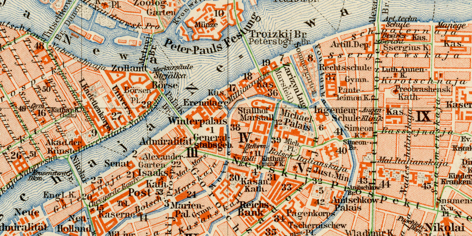 Sankt Petersburg Stadtplan - Umgebung ca 1899 historischer Stadtplan Lithographie