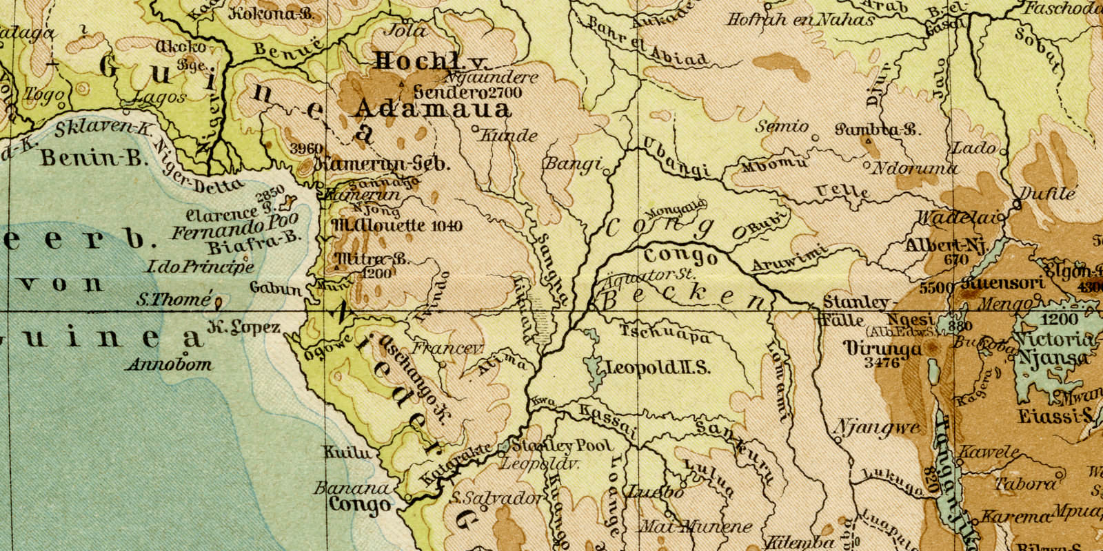 Afrika Fluß & Gebirge ca 1893 historische Karte Lithographie
