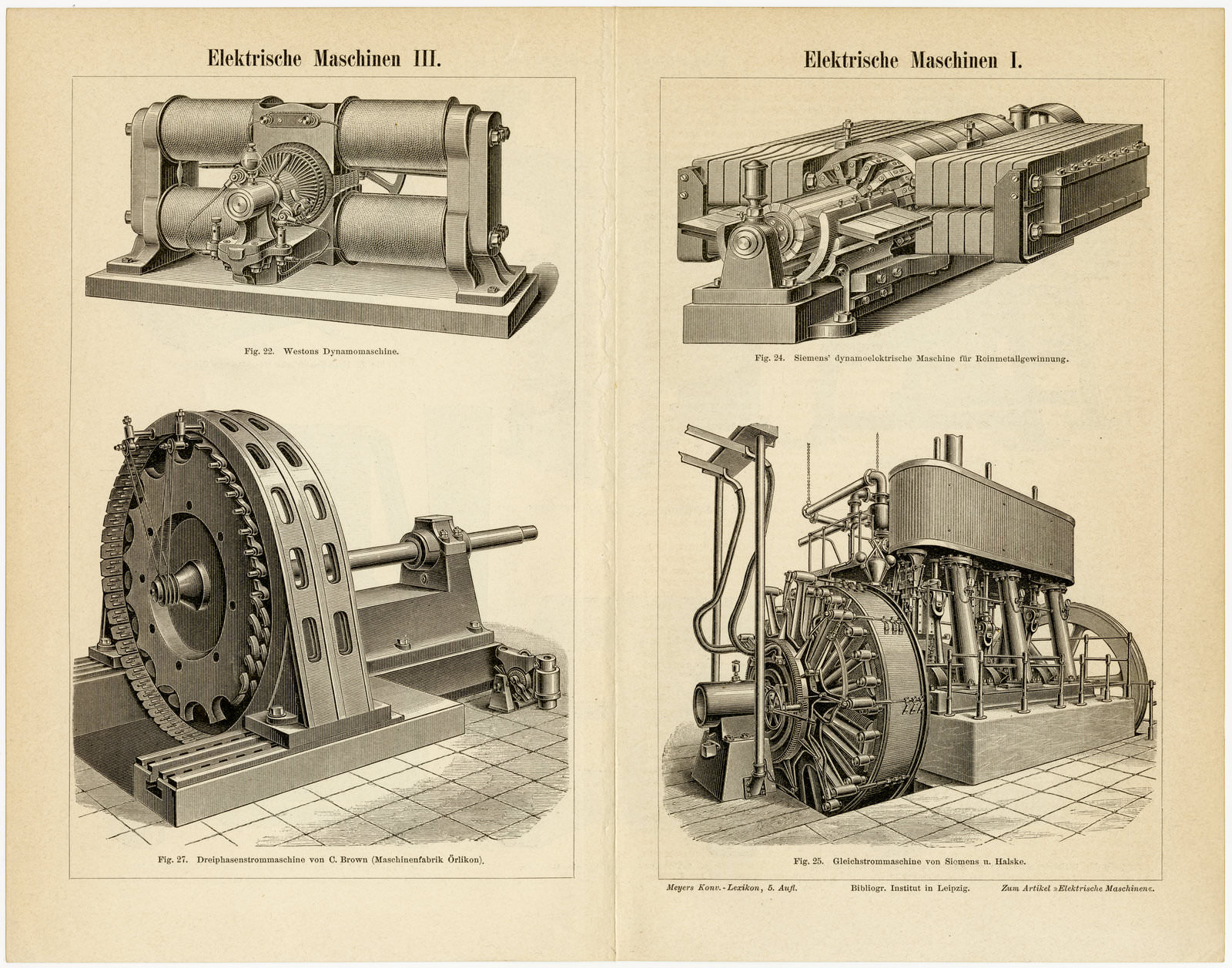 Elektrische Maschinen I - III ca 1893 historische Bildtafel Holzstich