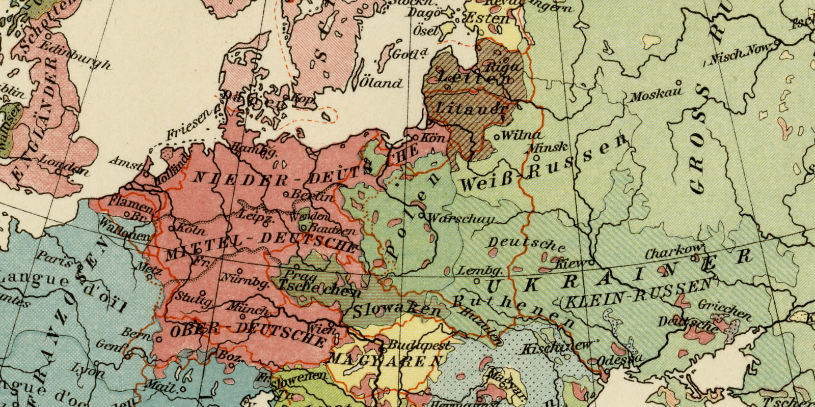 Europa Völker Sprachen ca 1926 historische Karte Lithographie