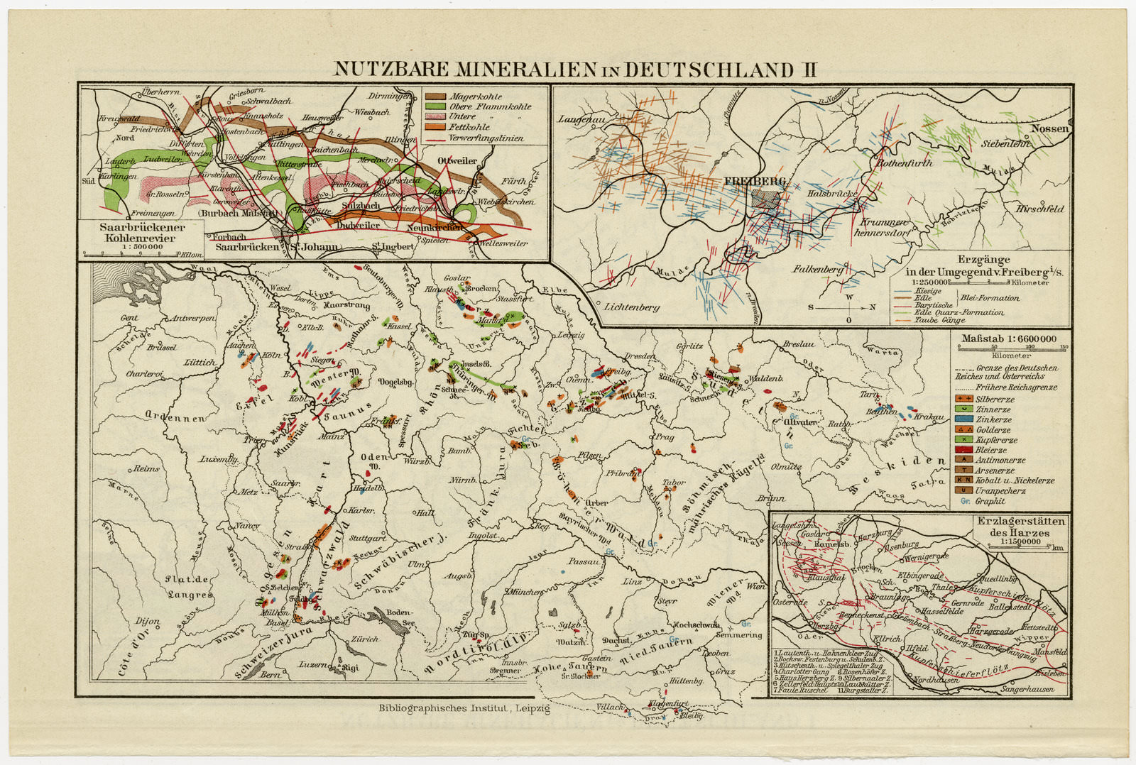 Deutschland Nutzbare Mineralien ca 1925 historische Karte Lithographie