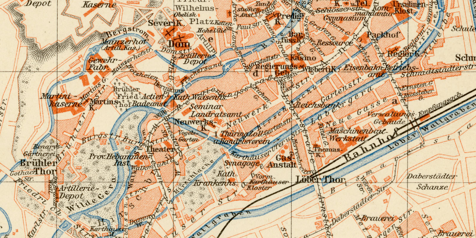 Erfurt ca 1893 historischer Stadtplan Lithographie