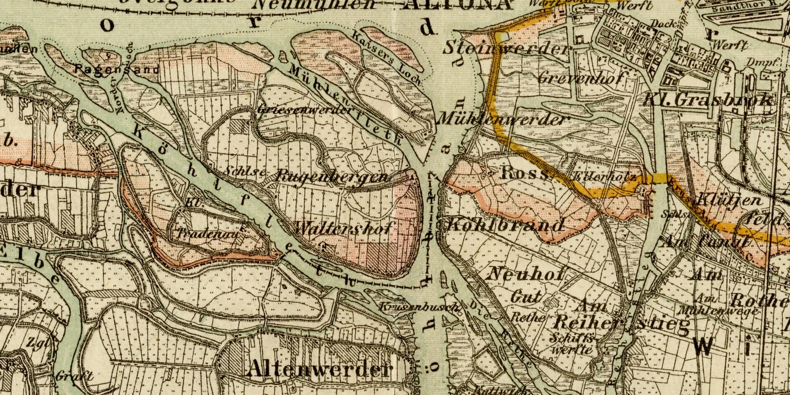 Hamburg ca 1884 Stadtplan historische Karte Lithographie