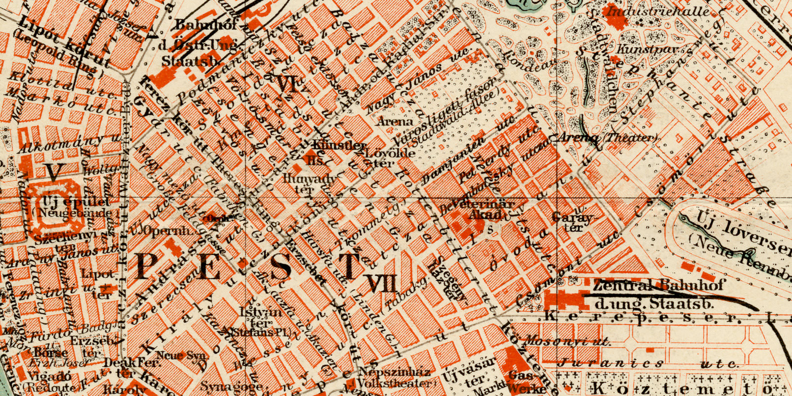 Budapest ca 1899 historischer Stadtplan Lithographie