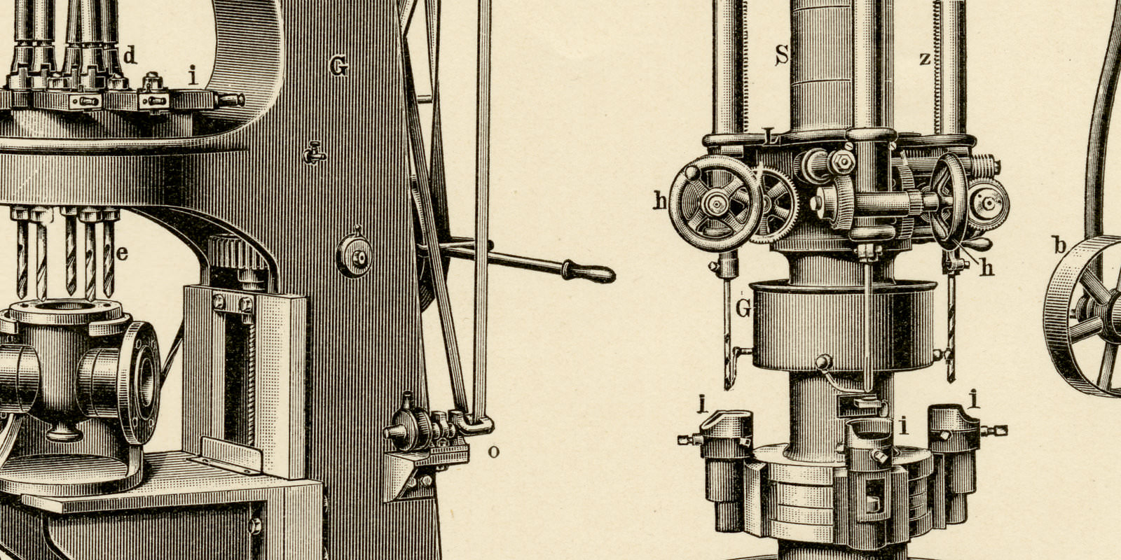Bohrmaschinen II ca 1899 historische Bildtafel Holzstich