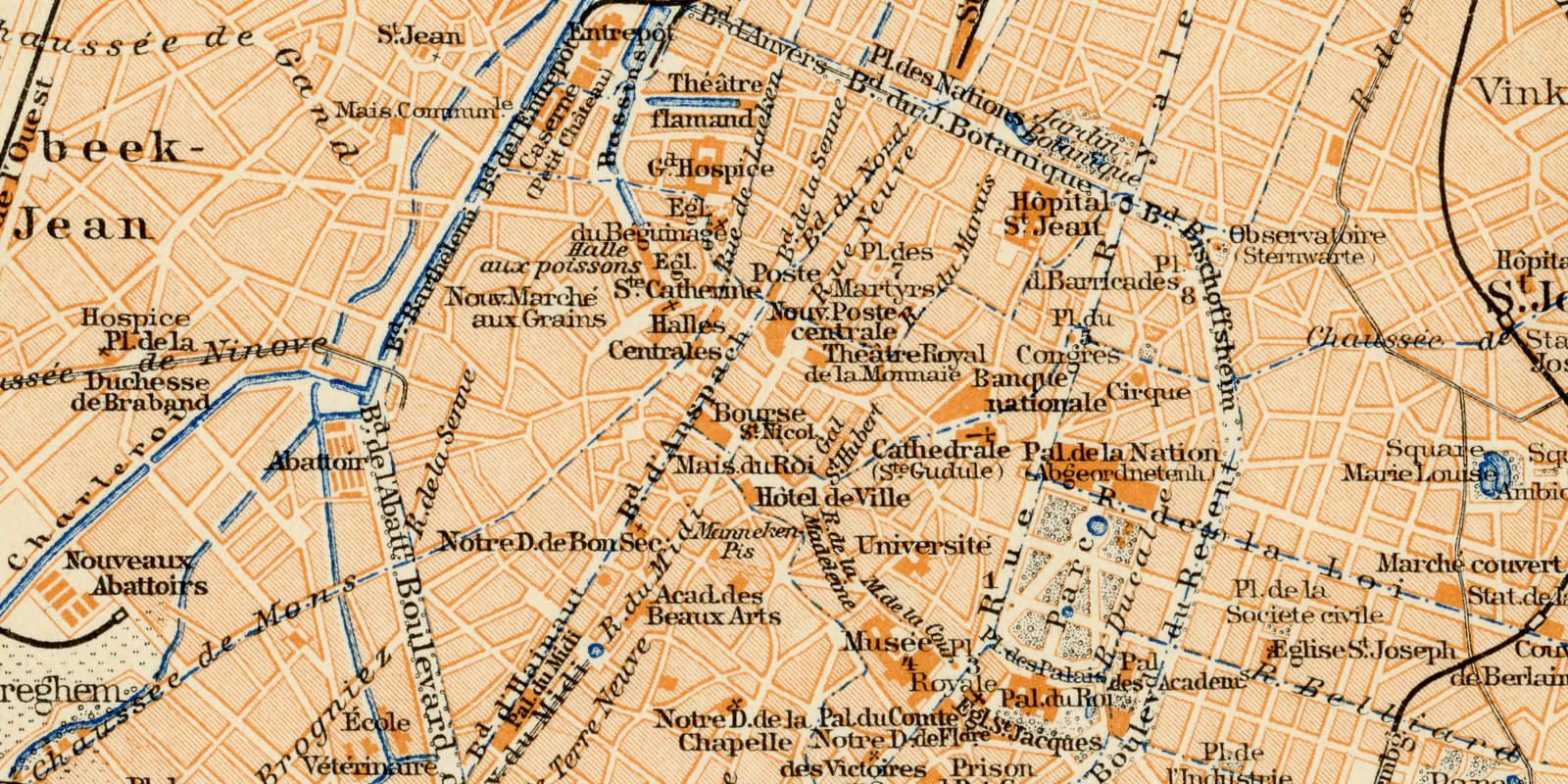 Brüssel ca 1893 historischer Stadtplan Lithographie