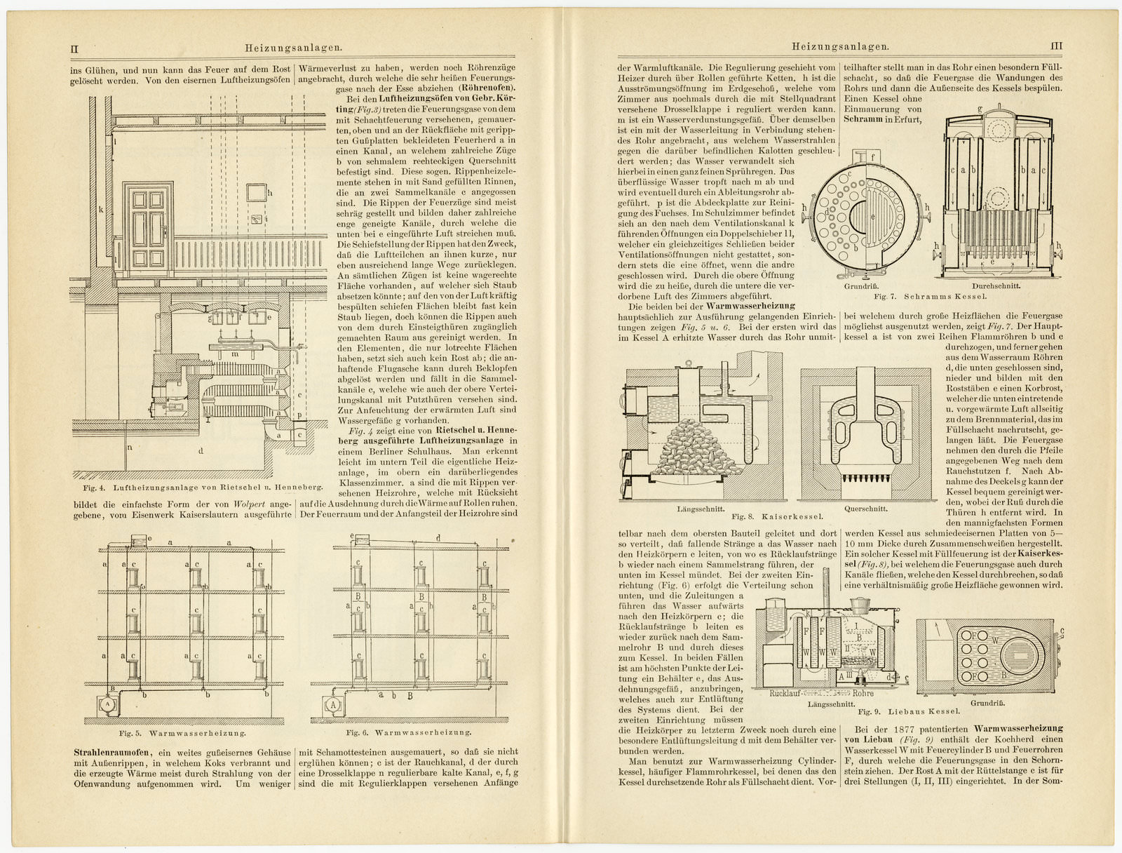Heizungsanlagen ca 1895 historische Bildtafel Holzstich