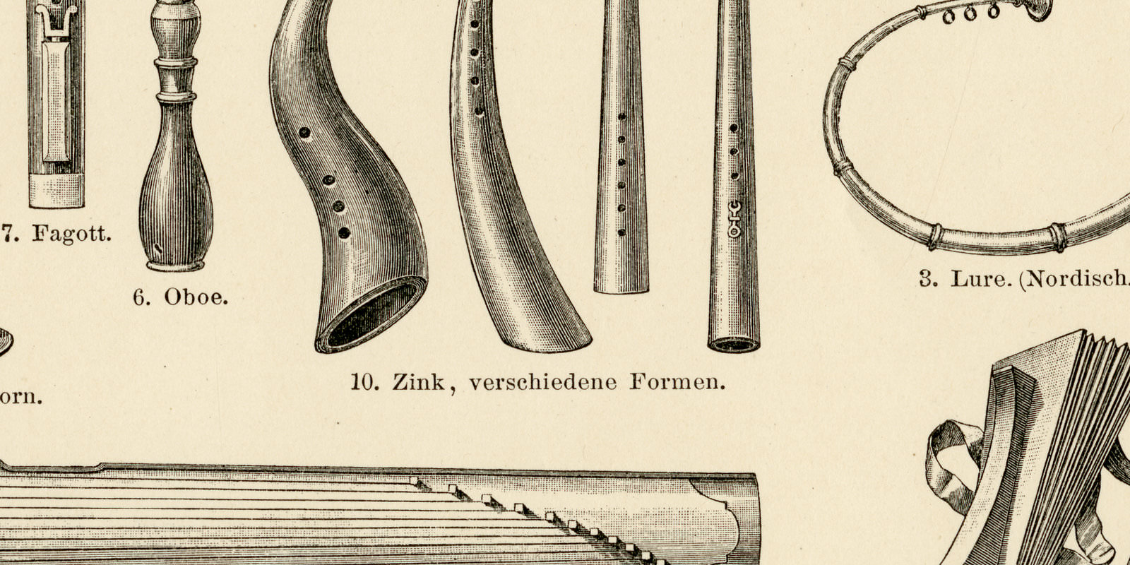Musikinstrumente III ca 1900 historische Bildtafel Holzstich