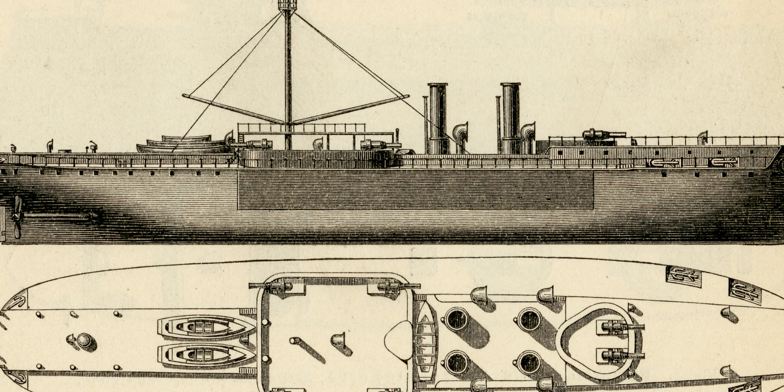 Panzerschiffe I - II ca 1896 historische Bildtafel Holzstich