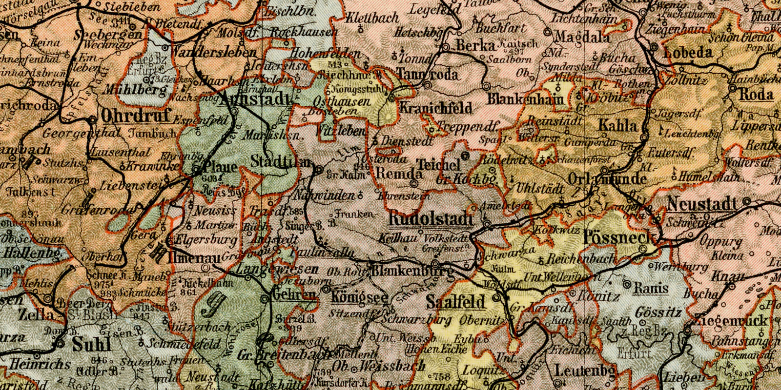 Sächsische Herzogtümer Fürstentümer Schwarzburg Reuss Landkarte ca 1899 historische Karte Lithographie