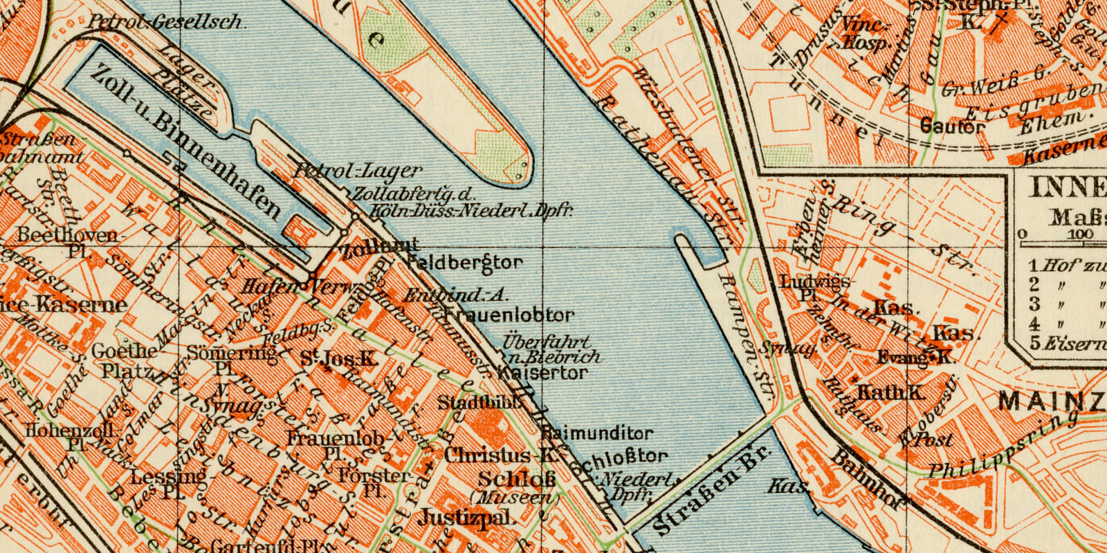 Mainz ca 1927 historische Karte Lithographie