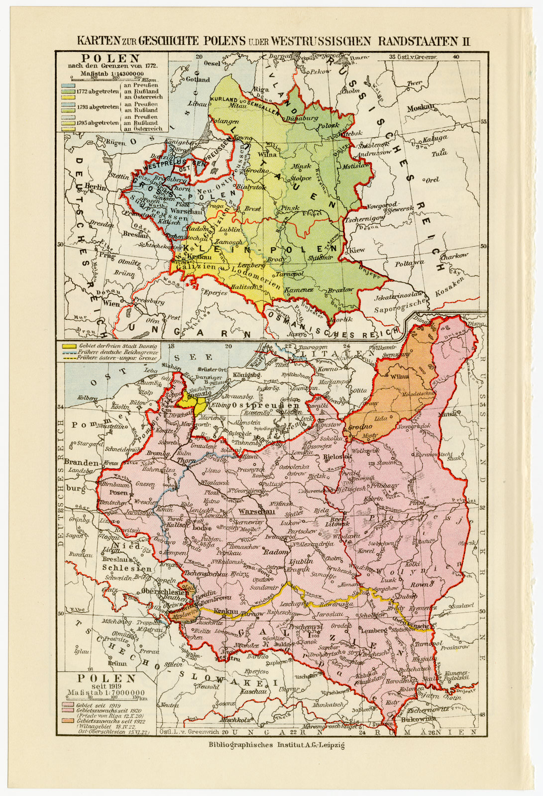 Polen Geschichtskarten ca 1928 historische Karte Lithographie