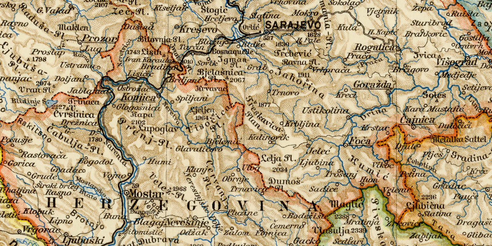Bosnien und Montenegro ca 1893 historische Karte Lithographie