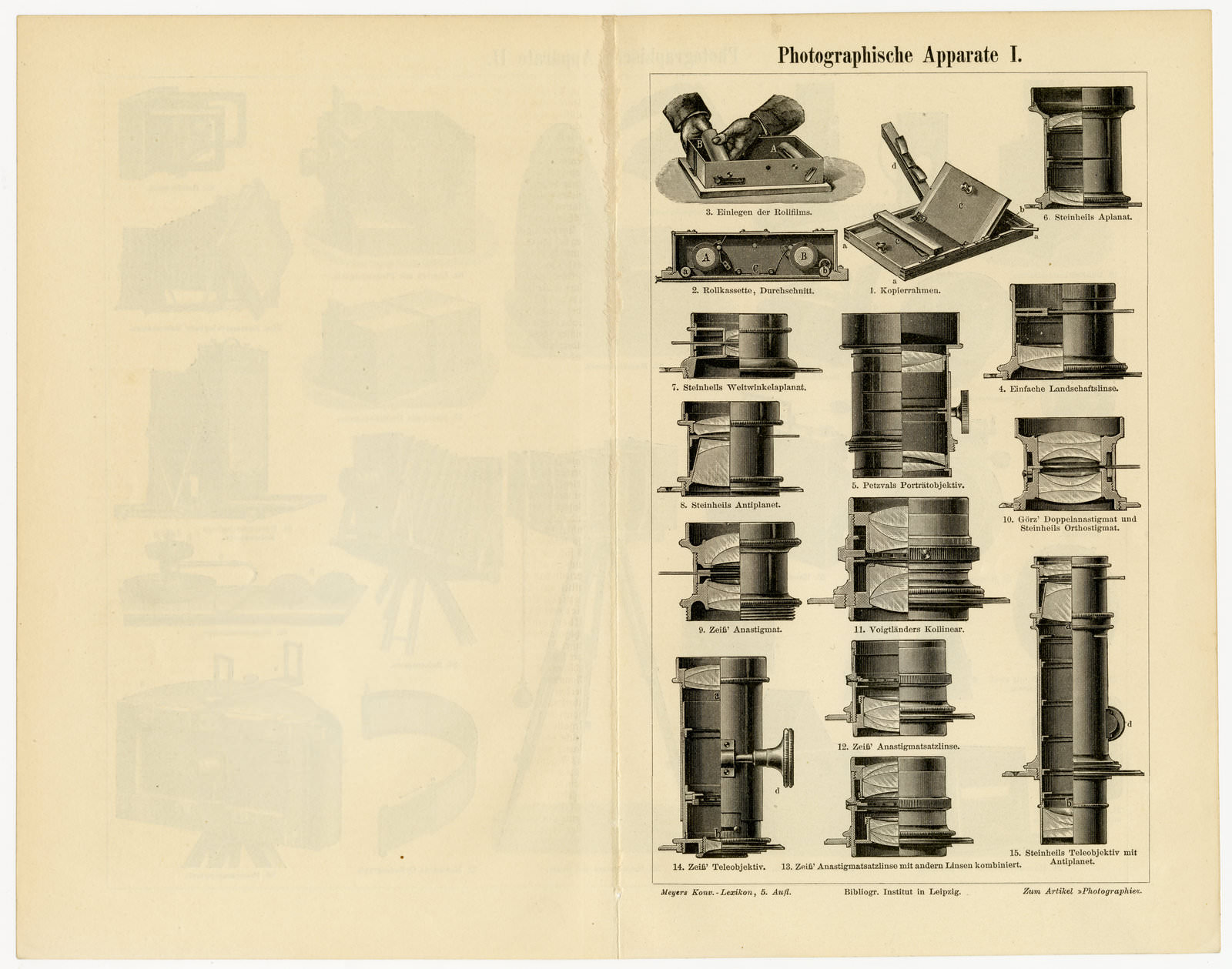 Photographische Apparate I - II ca 1896 historische Bildtafel Holzstich