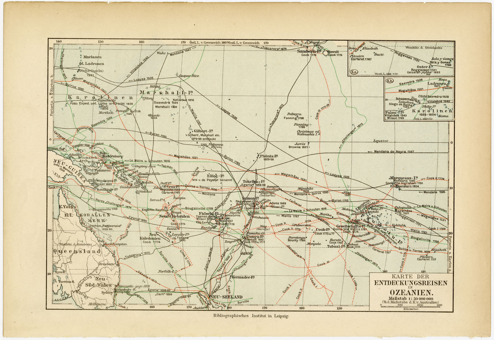 Karte der Entdeckungsreisen in Ozeanien ca 1895 historische Karte Lithographie