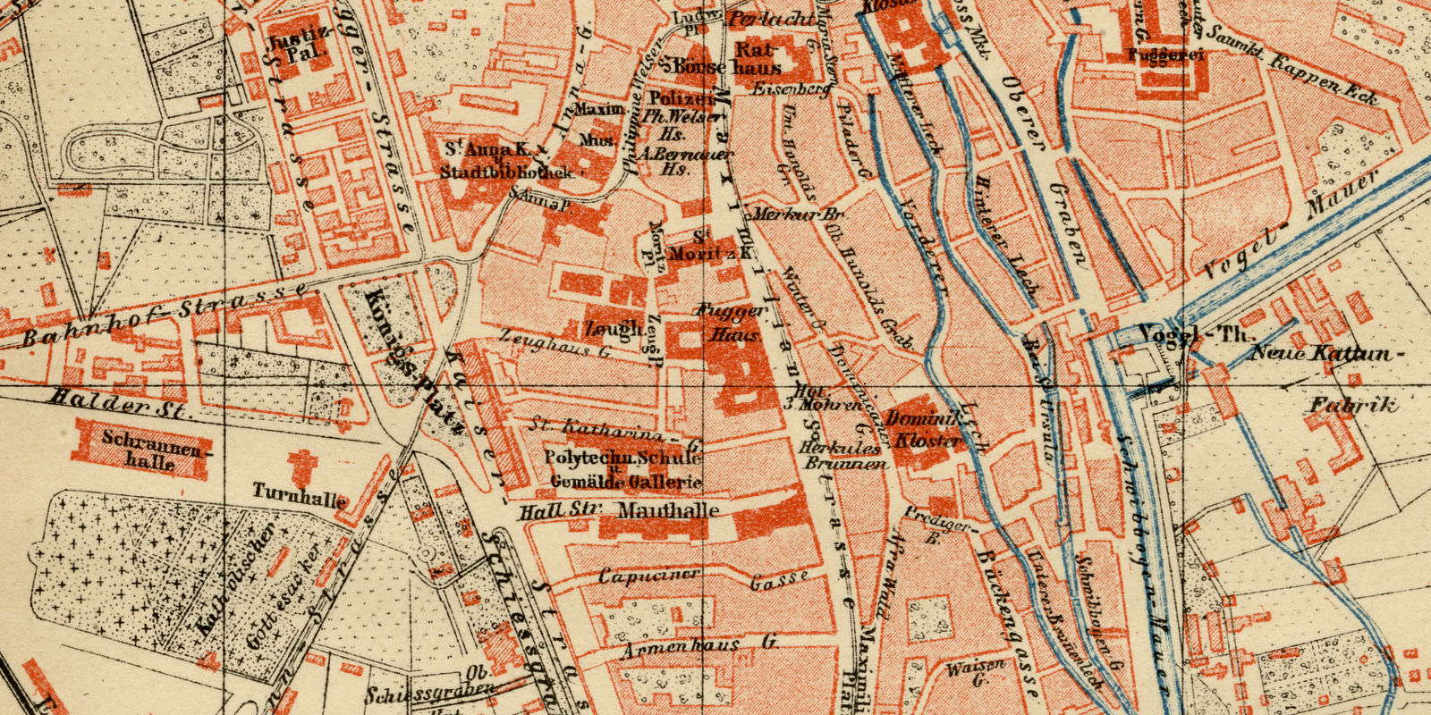 Augsburg historischer Stadtplan ca 1885 Karte Lithographie