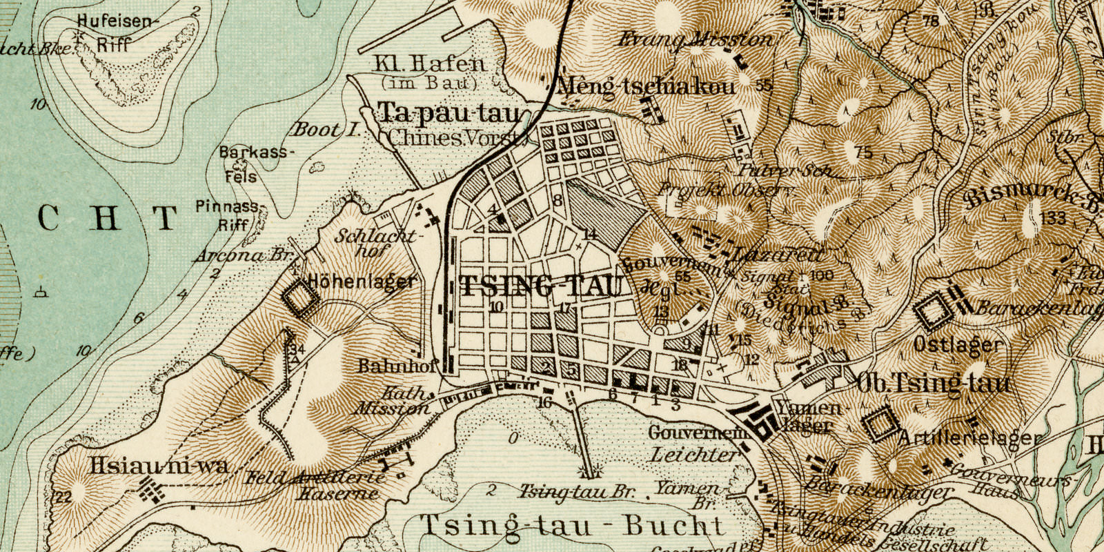 Kiautschou-Bucht mit Tsing-Tan ca 1901 historische Karte Lithographie