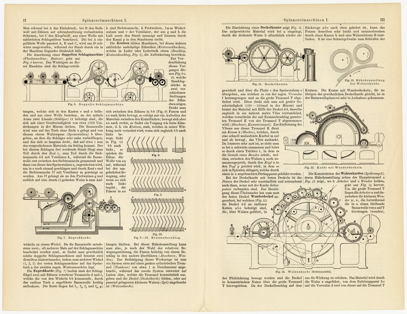 Spinnereimaschinen I ca 1897 historische Bildtafel Holzstich