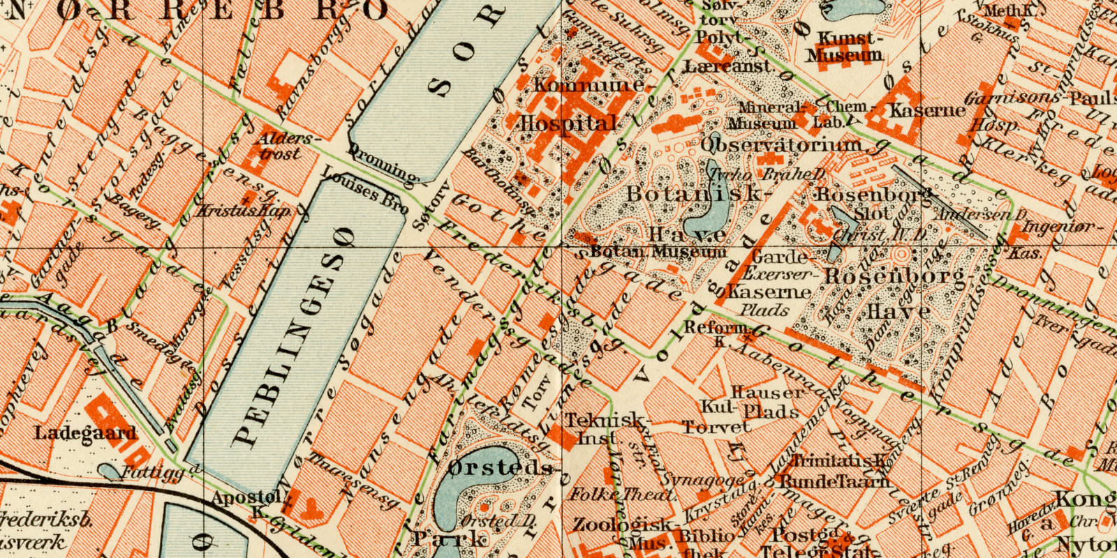 Kopenhagen ca 1895 historischer Stadtplan Lithographie