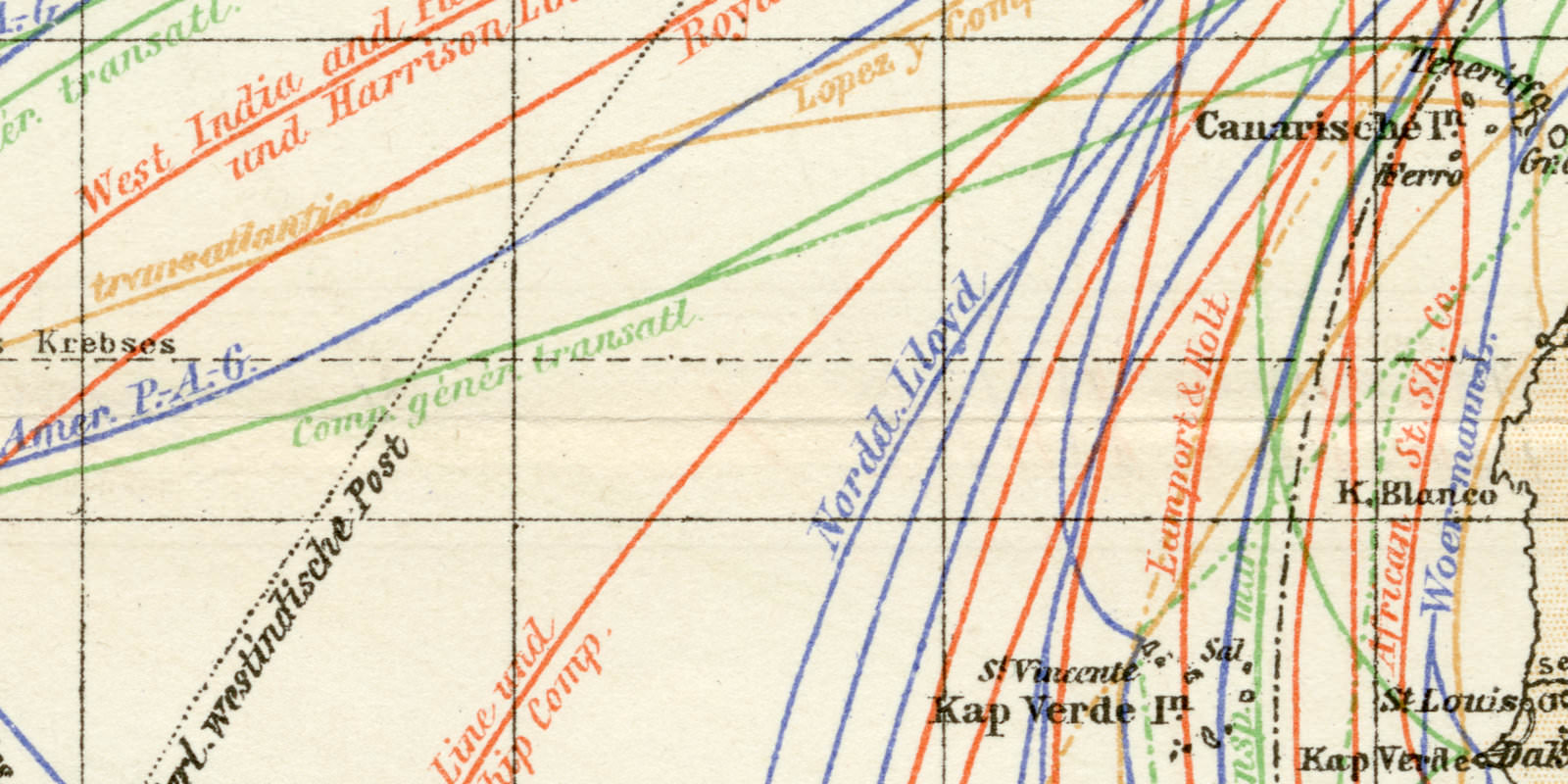 Dampfschifffahrts - Verbindungen des Weltverkehrs im Atlantischen Ozean historische Landkarte Lithographie ca 1896