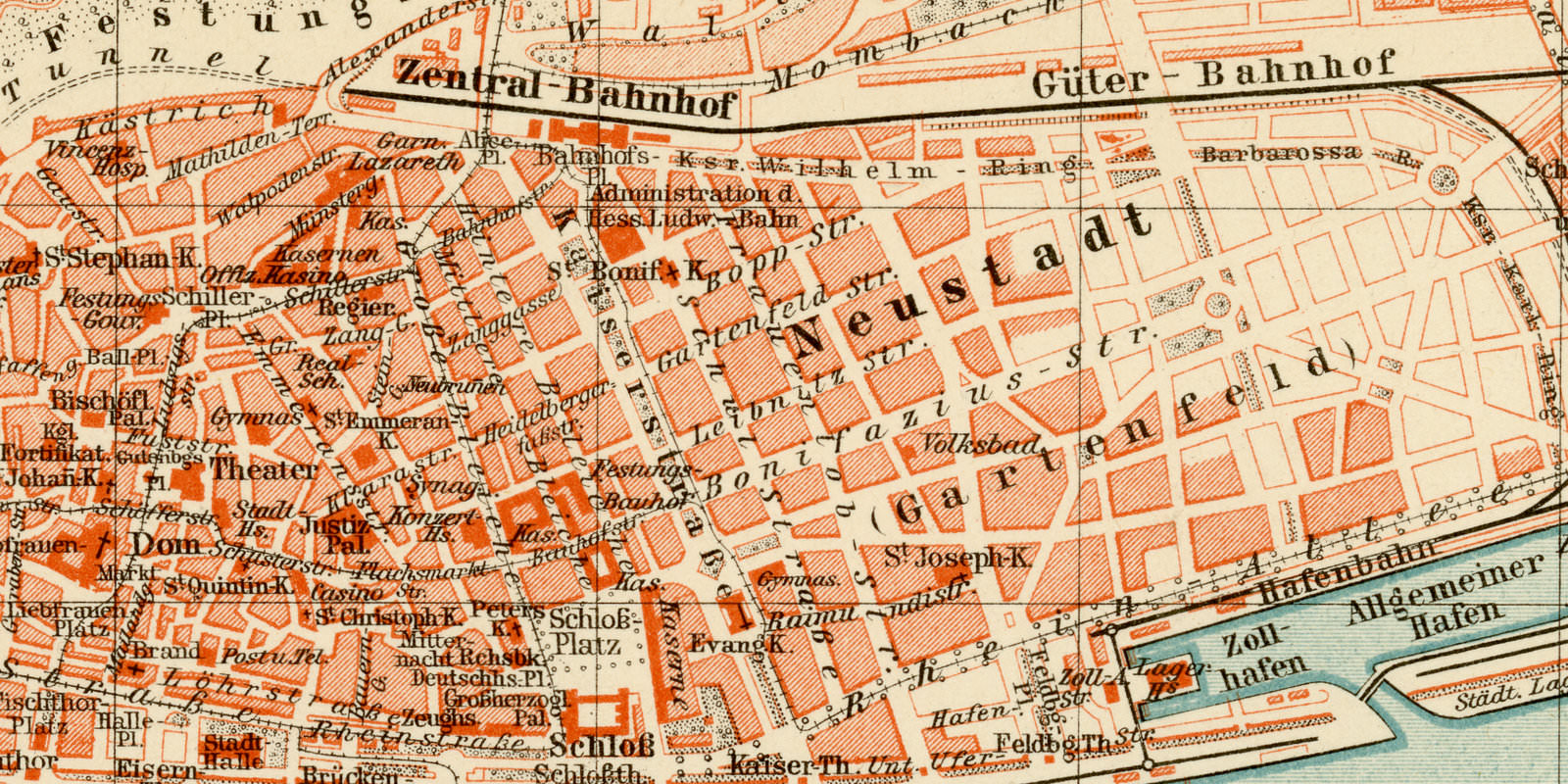 Mainz ca 1897 historischer Stadtplan Lithographie