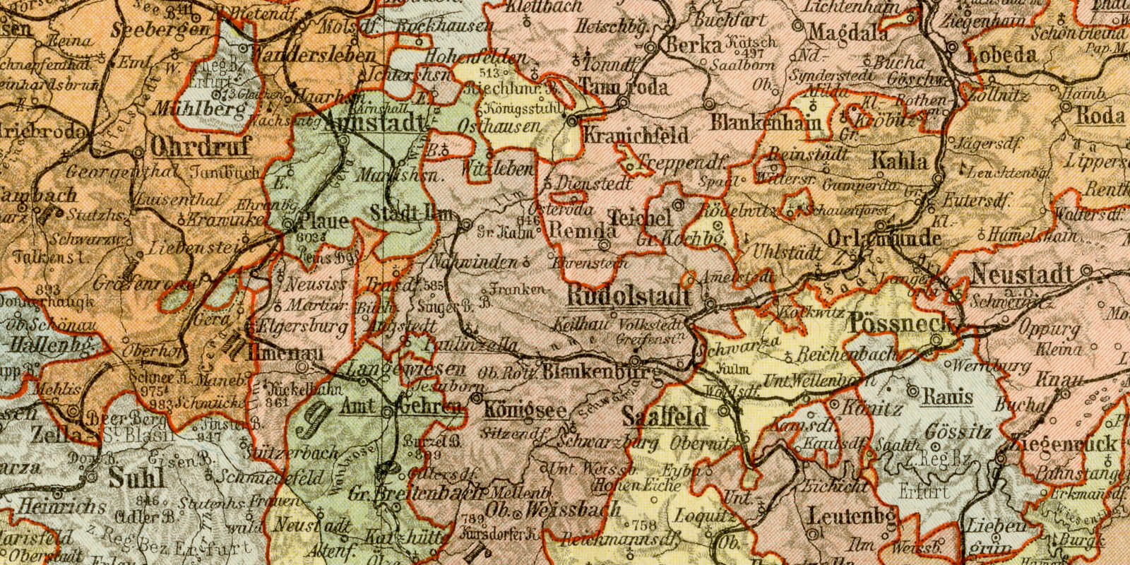 Sächsische Herzogtümer Fürstentümer Schwarzburg Reuss Landkarte ca 1896 historische Karte Lithographie