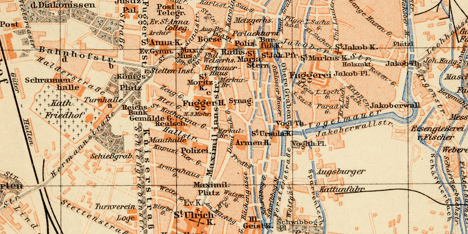 Augsburg ca 1899 historischer Stadtplan Lithographie