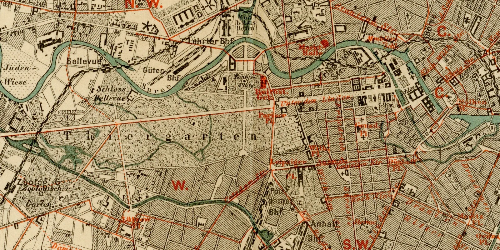 Berlin und Umgebung ca 1882 historische Karte Lithographie