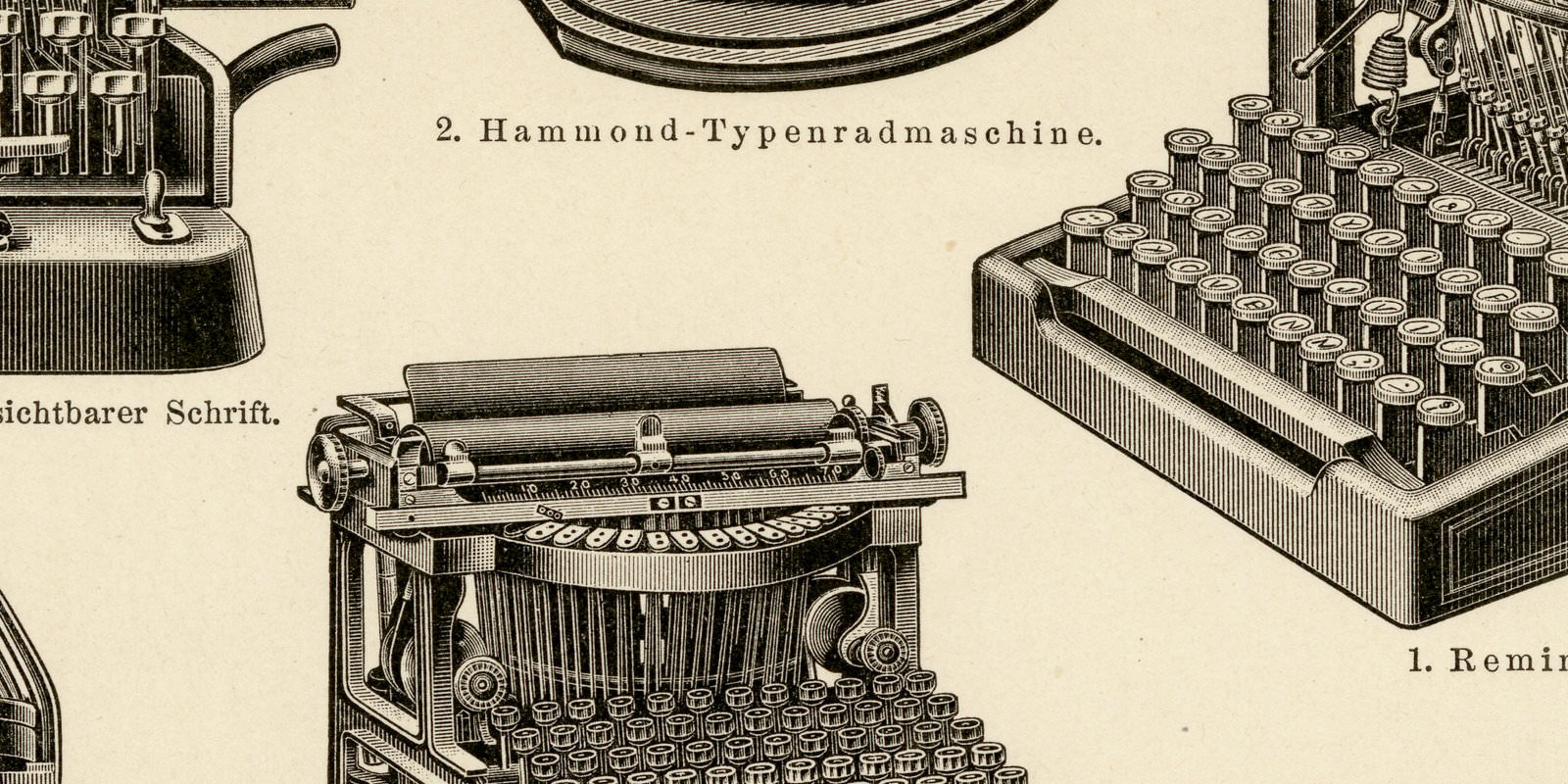 Schreibmaschinen II ca 1900 historische Bildtafel Holzstich