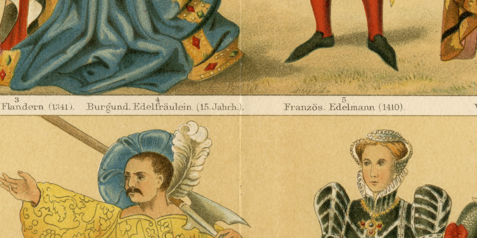 Kostüme II 15 bis 16 Jhr ca 1895 historische Bildtafel Chromolithographie