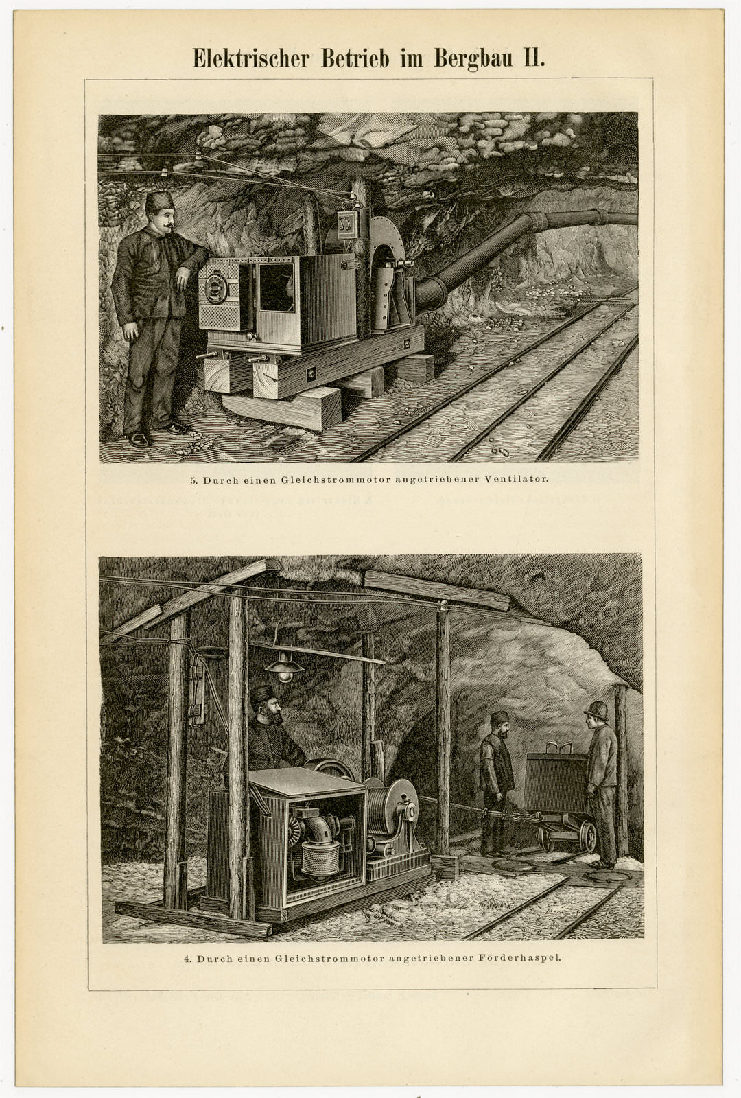 Elektrischer Betrieb im Bergbau I - II ca 1898 historische Bildtafel Holzstich
