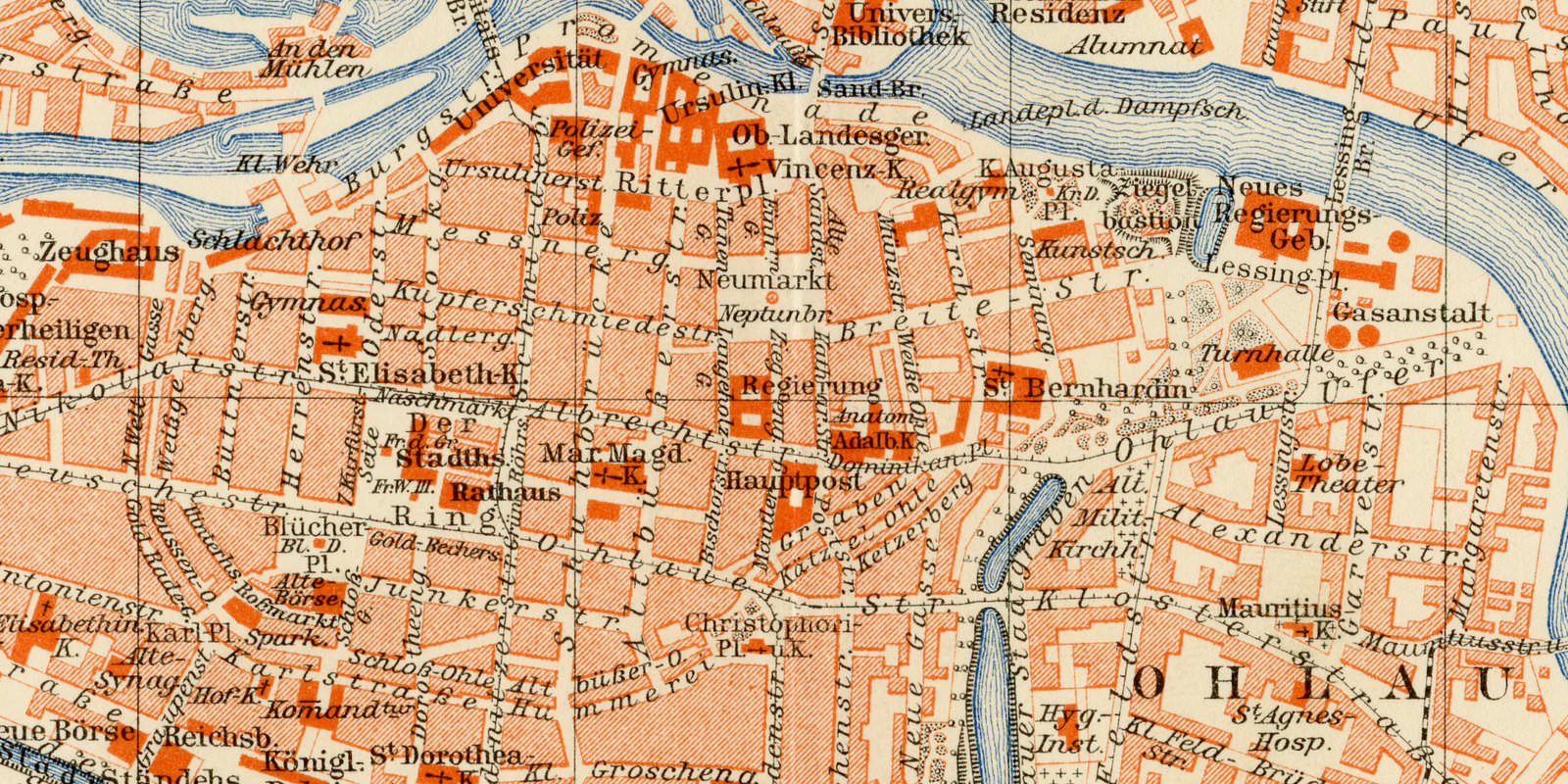 Breslau ca 1893 historischer Stadtplan Lithographie