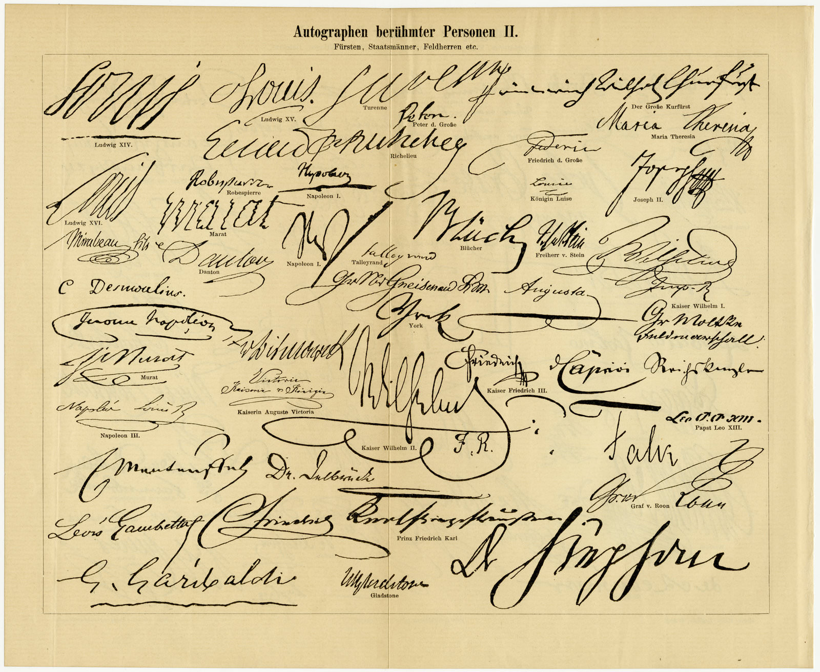 Autographen berühmter Personen I - II ca 1893 historische Bildtafel Holzstich