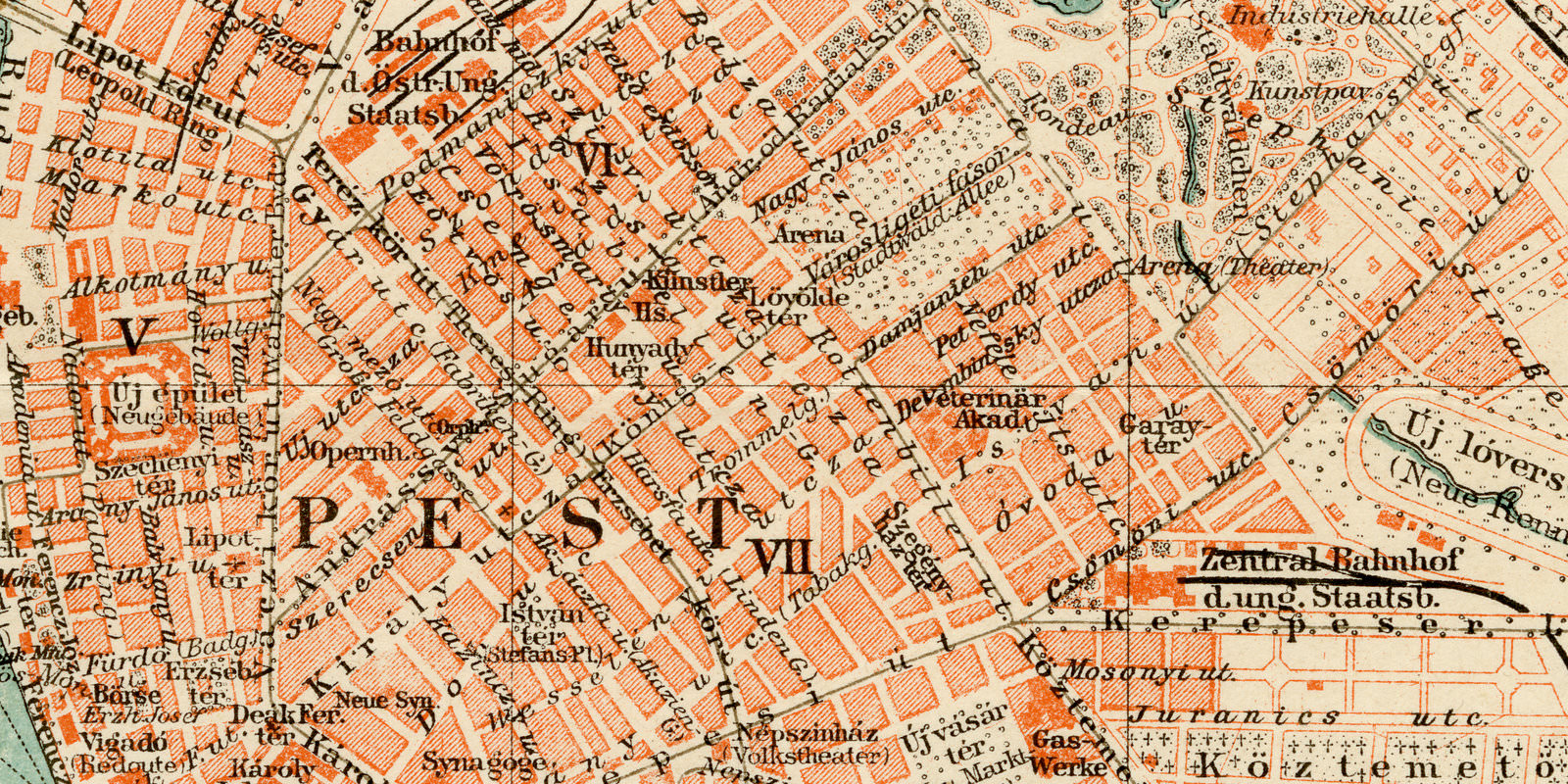 Budapest ca 1901 historischer Stadtplan Lithographie