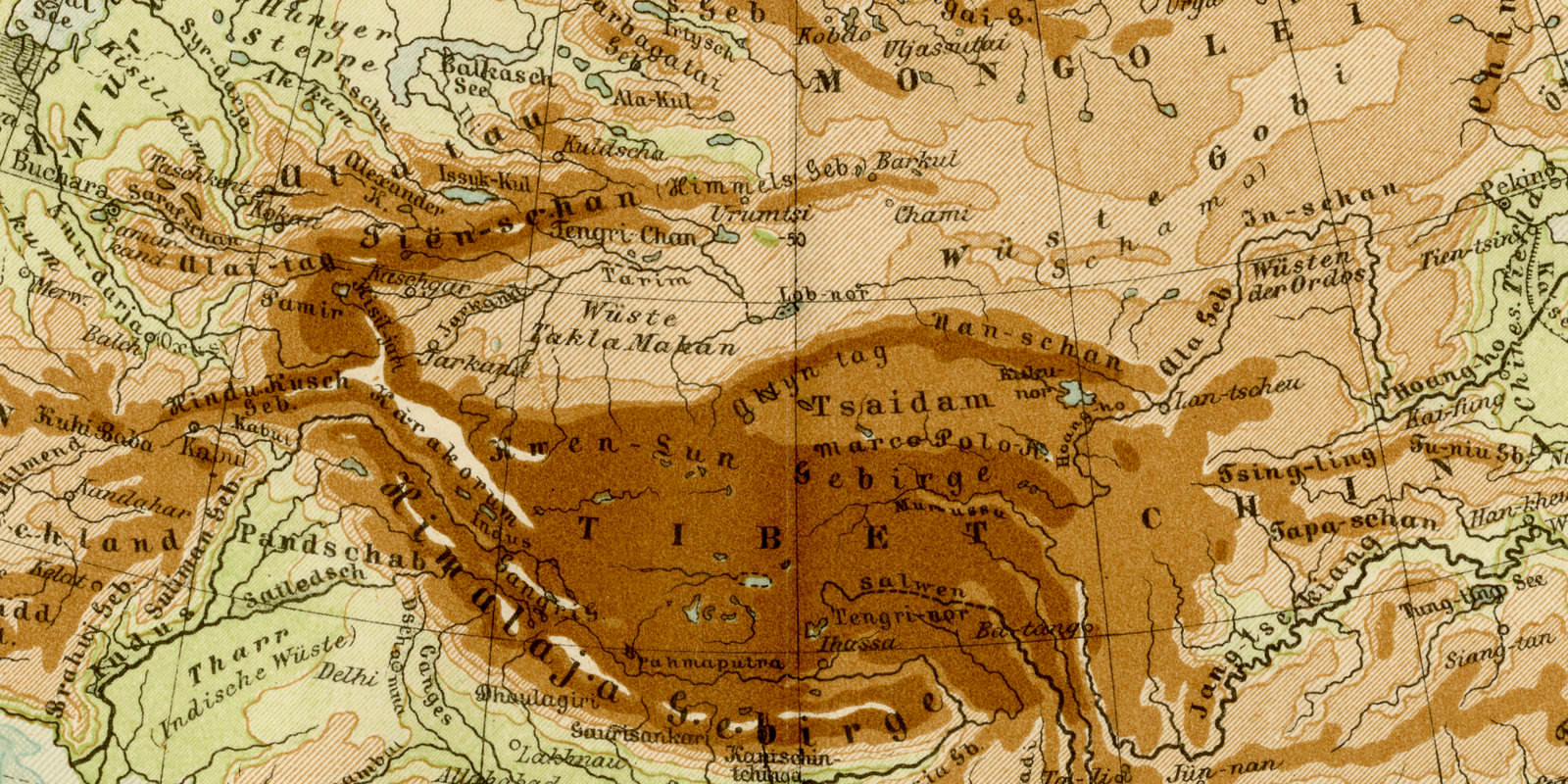 Asien Fluß- und Gebirge ca 1893 historische Karte Lithographie