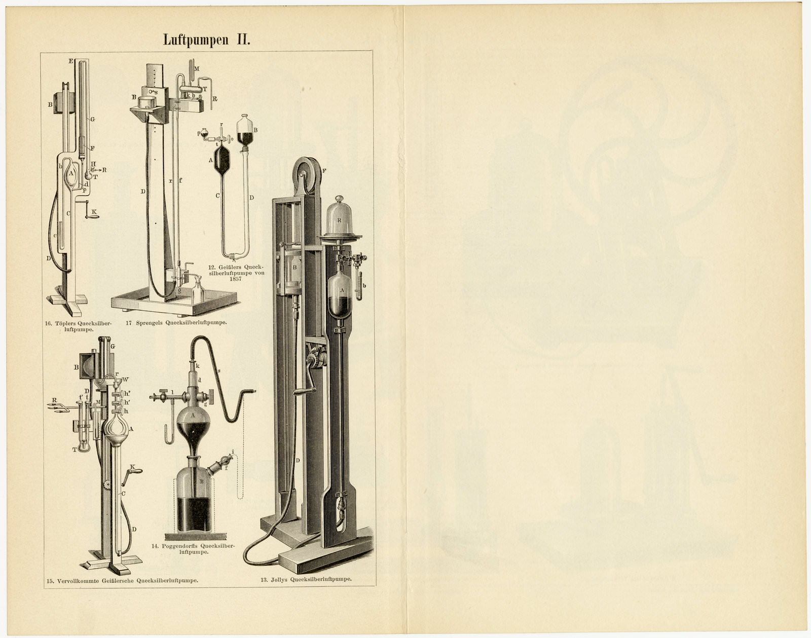 Luftpumpen I - II ca 1896 historische Bildtafel Holzstich