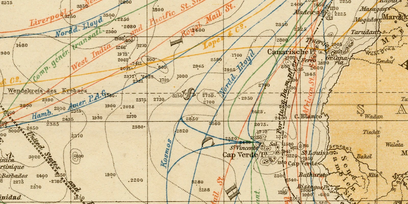 Atlantik Dampfschiffahrt Verbindungen ca 1883 historische Karte Lithographie