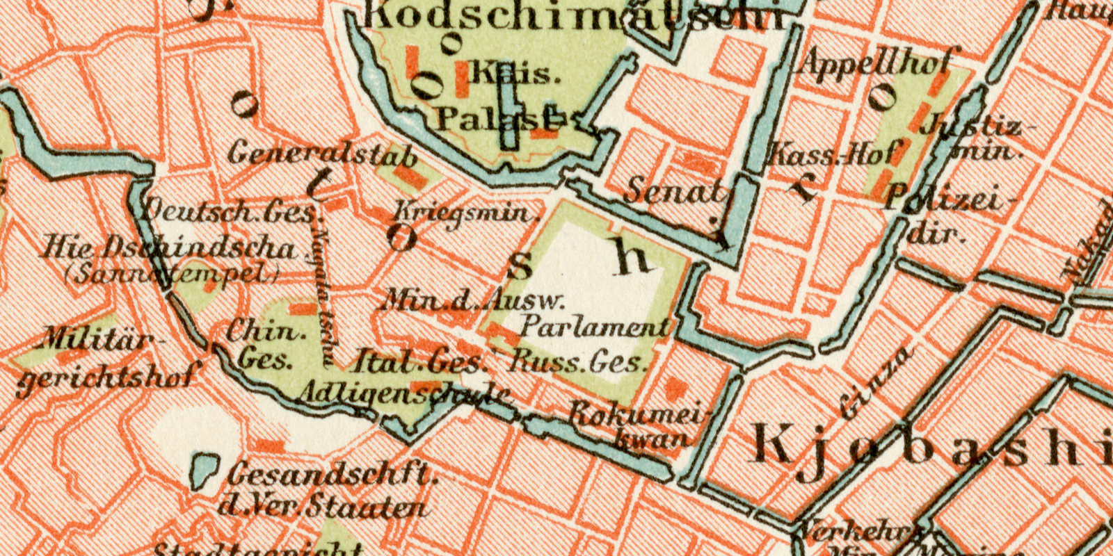 Tokio historischer Stadtplan Karte Lithographie ca 1895