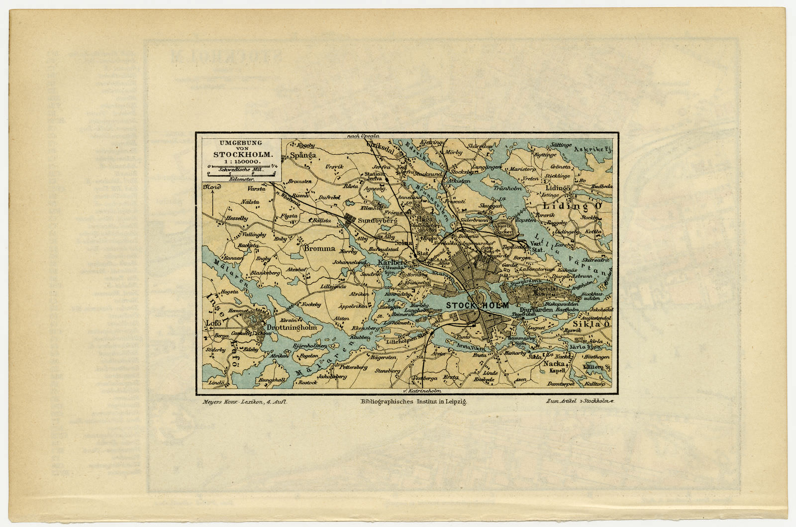 Stockholm + Umgebung historischer Stadtplan ca 1890 Karte Lithographie