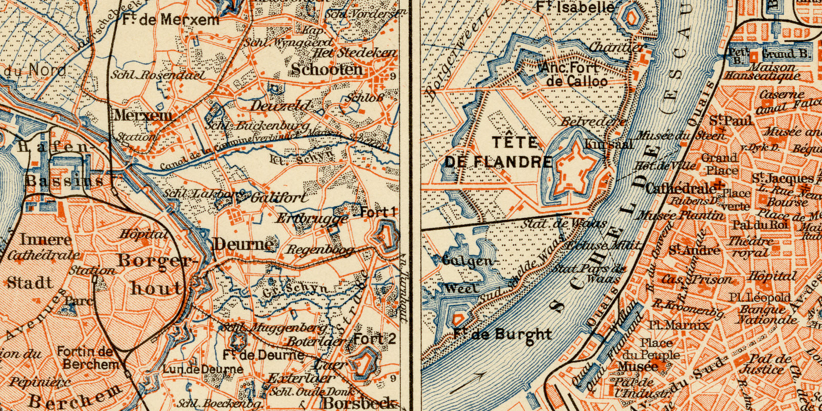 Antwerpen ca 1893 historischer Stadtplan Lithographie
