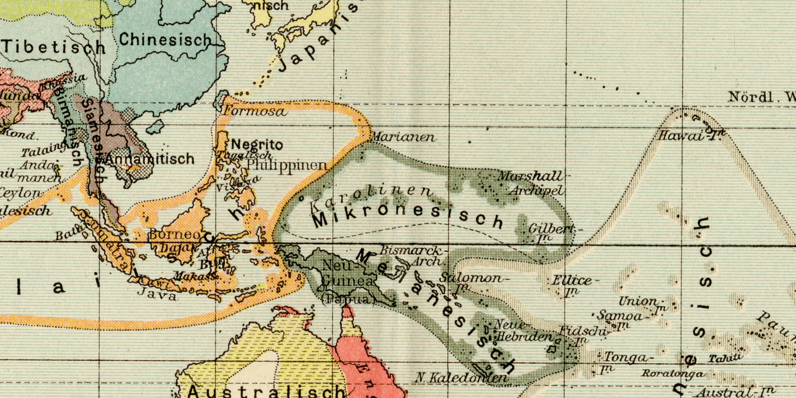 Sprachenkarte Gegenwärtige Verbreitung der Sprachstämme ca 1897 historische Karte Lithographie
