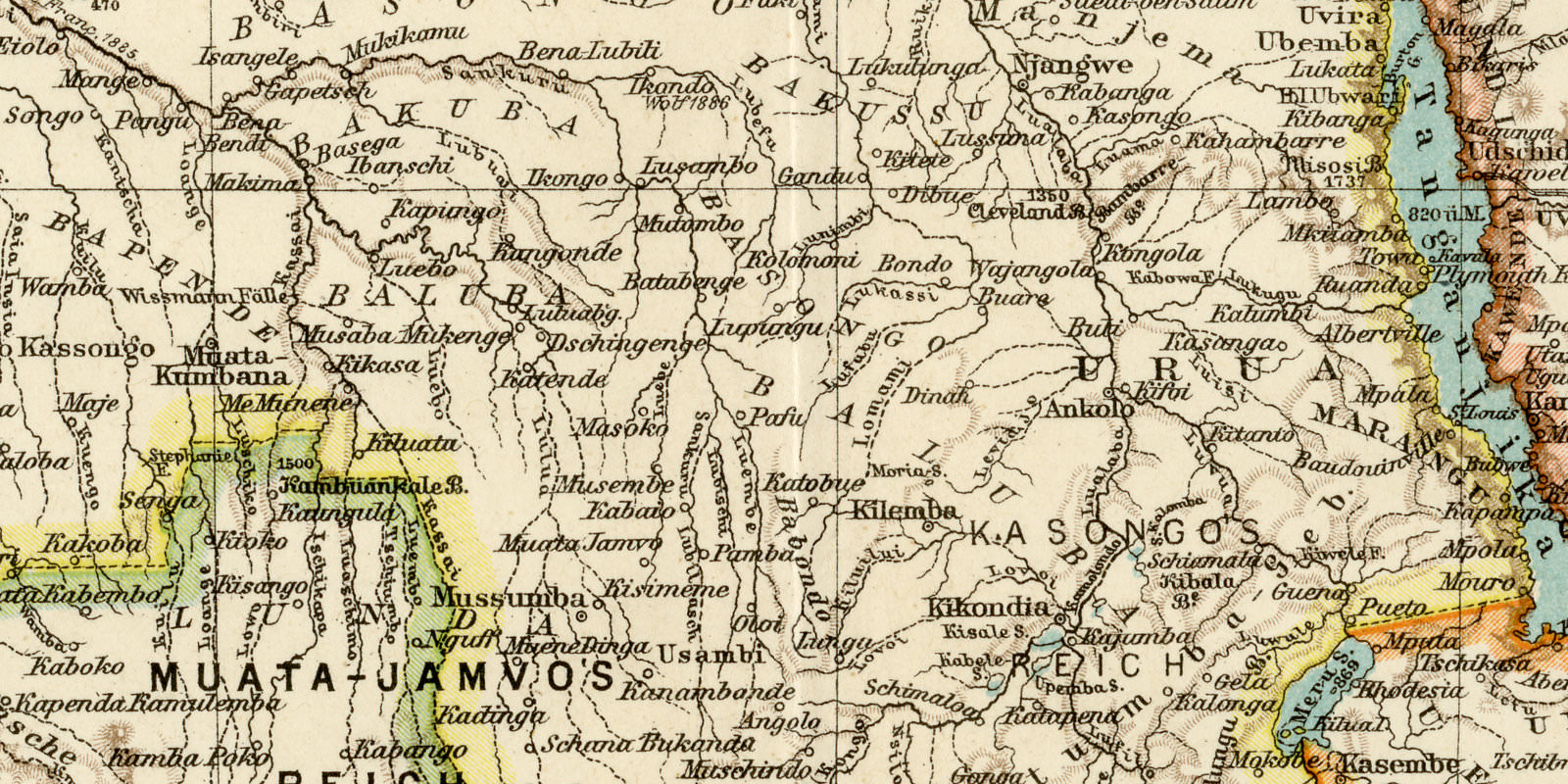 Äquatorial Afrika ca 1899 historische Karte Lithographie